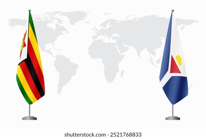 Banderas de Zimbabue y San Martín para reunión oficial en el contexto del mapa mundial.