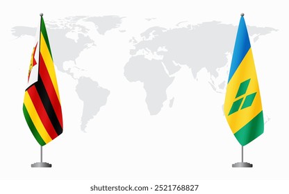 Zimbabwe and Saint Vincent and the Grenadines flags for official meeting against background of world map.