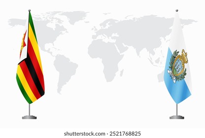 Bandeiras do Zimbábue e de São Marinho para reunião oficial em segundo plano no mapa do mundo.