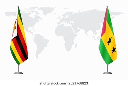 Bandeiras do Zimbábue e de São Tomé e Príncipe para reunião oficial frente ao mapa do mundo.