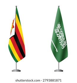 Zimbabwe and Saudi Arabia flags on flagpoles for official ceremonies and meetings, transparent background vector