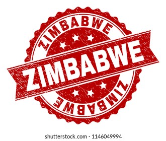 ZIMBABWE seal print with corroded texture. Rubber seal imitation has circle medallion shape and contains ribbon. Red vector rubber print of ZIMBABWE label with unclean texture.