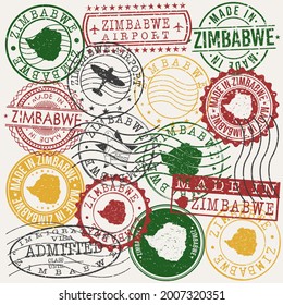 Zimbabwe Set of Stamps. Travel Passport Stamps. Made In Product Design Seals in Old Style Insignia. Icon Clip Art Vector Collection.