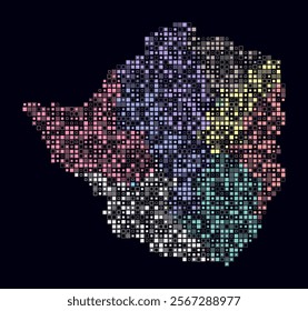 Zimbabwe, shape of the country build of colored cells. Digital style map of the Zimbabwe on dark background. Small size square blocks. Artistic vector illustration.