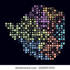 Zimbabwe, shape of the country built of colored cells. Digital style map of Zimbabwe on dark background. Large size square blocks. Creative vector illustration.