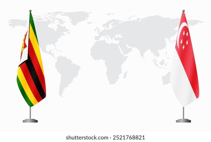 Las banderas de Zimbabue y Singapur para la reunión oficial en el contexto del mapa mundial.