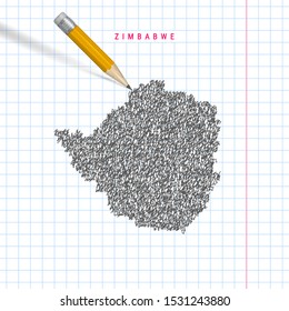 Zimbabwe sketch scribble vector map drawn on checkered school notebook paper background