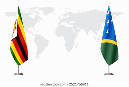 Zimbabwe and Solomon Islands flags for official meeting against background of world map.