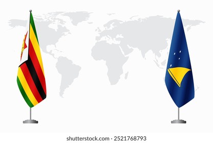 Zimbabwe and Tokelau flags for official meeting against background of world map.