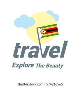 Zimbabwe Travel Country Flag Logo. Explore the The Beauty lettering with Sun and Clouds and creative waving flag. travel company logo design - vector illustration