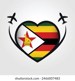 Zimbabwe Travel Heart Flag With Airplane Icons