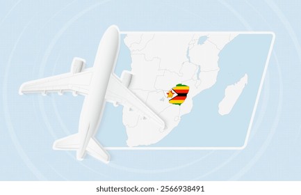 Zimbabwe Travel Illustration with Plane and National Flag. Ideal for travel agencies, promotional materials, or geographic content related to Zimbabwe.