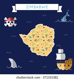 Zimbabwe treasure map in flat design. Colorful cartoon treasure map of Zimbabwe with flat design icons of pirate ship and jolly roger. Zimbabwe flat design vector illustration.