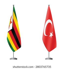 Zimbabwe and Turkey flags on flagpoles for official ceremonies and meetings, transparent background vector