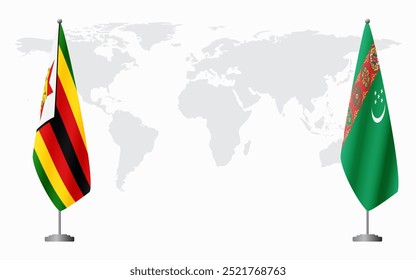 Las banderas de Zimbabue y Turkmenistán para la reunión oficial en el contexto del mapa mundial.