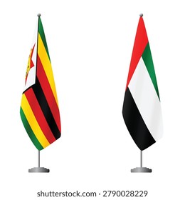 Zimbabwe and United Arab Emirates flags on flagpoles for official ceremonies and meetings, transparent background vector