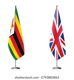 Zimbabwe and United Kingdom flags on flagpoles for official ceremonies and meetings, transparent background vector