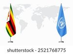 Zimbabwe and United Nations flags for official meeting against background of world map.