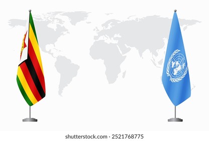 Banderas de Zimbabue y las Naciones Unidas para la reunión oficial con el fondo del mapa mundial.