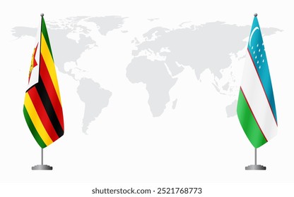 Las banderas de Zimbabue y Uzbekistán para la reunión oficial en el contexto del mapa mundial.