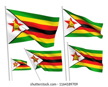 Zimbabwe vector flags set. 5 different wavy fabric 3D flags fluttering on the wind. EPS 8 created using gradient meshes isolated on white background. Five design elements from world collection