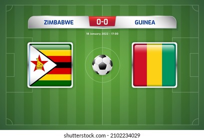 Zimbabwe vs Guinea scoreboard broadcast template for sport soccer africa tournament 2021 Group B and football championship in cameroon vector illustration