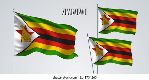 Zimbabwe waving flag set of vector illustration. Bird and multi colored stripes of Zimbabwe wavy realistic flag as a patriotic symbol 