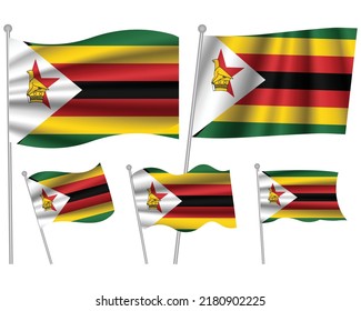 Zimbabwe waving flag set of vector illustration. Bird and multi colored stripes of Zimbabwe wavy realistic flag as a patriotic symbol
