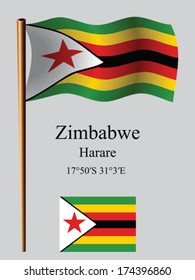 zimbabwe wavy flag and coordinates against gray background, vector art illustration, image contains transparency