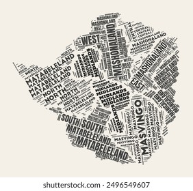 Zimbabwe Word Cloud. Country with regions division. Zimbabwe typographic text clouds vector image design. Vintage gazette style country shape image. Stylish vector illustration.