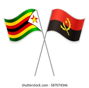 Zimbabwean and Angolan crossed flags. Zimbabwe combined with Angola isolated on white. Language learning, international business or travel concept.