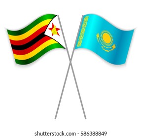 Zimbabwean and Kazakh crossed flags. Zimbabwe combined with Kazakhstan isolated on white. Language learning, international business or travel concept.