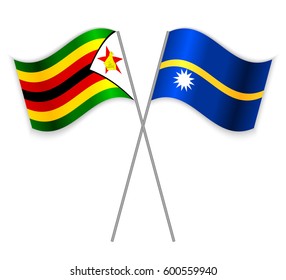 Zimbabwean and Nauruan crossed flags. Zimbabwe combined with Nauru isolated on white. Language learning, international business or travel concept.