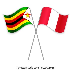 Zimbabwean and Peruvian crossed flags. Zimbabwe combined with Peru isolated on white. Language learning, international business or travel concept.