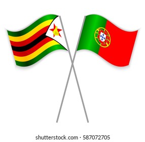 Zimbabwean and Portuguese crossed flags. Zimbabwe combined with Portugal isolated on white. Language learning, international business or travel concept.