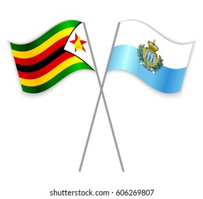 Zimbabwean and Sammarinese crossed flags. Zimbabwe combined with San Marino isolated on white. Language learning, international business or travel concept.