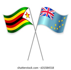 Zimbabwean and Tuvaluan crossed flags. Zimbabwe combined with Tuvalu isolated on white. Language learning, international business or travel concept.