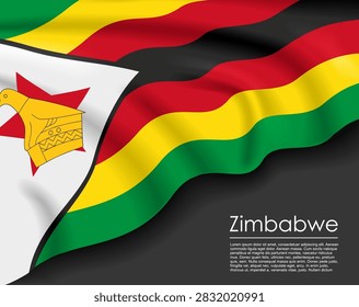 Zimbabwean waving flag template with a dark background and text placeholder for national day or travel concept. Vector illustration.