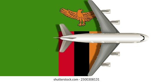 Zimbia flag with airplane flying over it close up. Vector image.