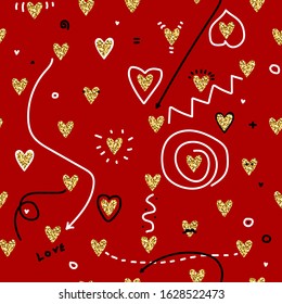 Zin culture seamless vector pattern. Collage with gold glitter hearts, black and white details. Hearts, stripes, arrows, dotted, mustache, points on a red background. Poster for St. Valentine's Day