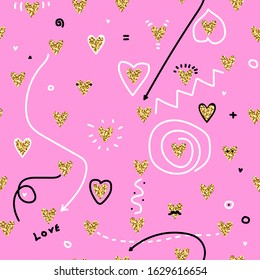 Zin culture seamless vector pattern. Collage with gold glitter hearts, black and white details. Hearts, stripes, arrows, dotted, mustache, points on a pink background. Poster for St. Valentine's Day