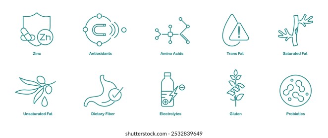 Zinc, Antioxidants, Amino Acid, Trans Fats, Saturated Fats, Unsaturated Fats, Dietary Fiber, Electrolytes, Gluten, and Probiotic Icons for Health Awareness