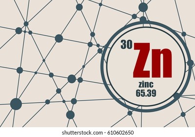 Zinc chemical element. Sign with atomic number and atomic weight. Chemical element of periodic table. Molecule And Communication Background. Connected lines with dots.