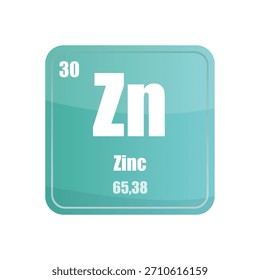 Zinc chemical element tile. Atomic number thirty. Zn sign Vector icon. Mint blue square shape.