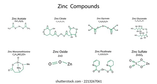 zinc compounds on white background. Infographic element. Education concept. chemical formula. Vector illustration. stock image.