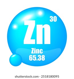 Símbolo do elemento de zinco. Abreviação de Zn. Número atômico 30. Massa atômica 65.38.