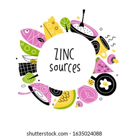 Zinc food sources. Vector cartoon illustration of zinc rich foods.