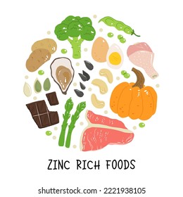 Zinc food sources vector stock illustration. Food products with a high content of zinc. Oysters, pumpkin seeds, sunflower seeds, eggs, asparagus, beef, chicken, cashew nuts. Information poster.