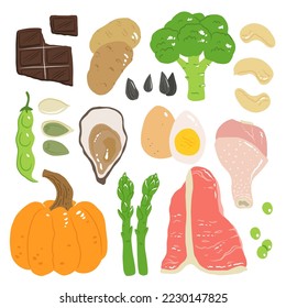 Zinc food sources vector stock illustration. Food products with a high content of zinc. Oysters, pumpkin seeds, sunflower seeds, eggs, asparagus, beef, chicken, cashew nuts. Information poster.