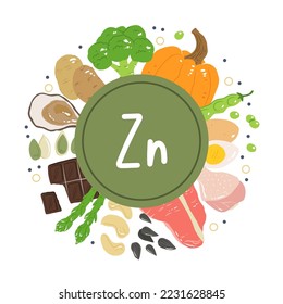Zinc food sources vector stock illustration. Food products with a high content of zinc. Oysters, pumpkin seeds, sunflower seeds, eggs, asparagus, beef, chicken, cashew nuts. Information poster.